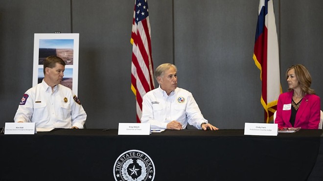 exas Governor Greg Abbott, center, speaks at a press conference with Nim Kidd chief of the Texas Division of Emergency Management, left, and Hutchinson County Judge Cindy Irwin, right, Friday, March. 1, 2024, in Borger, Texas.