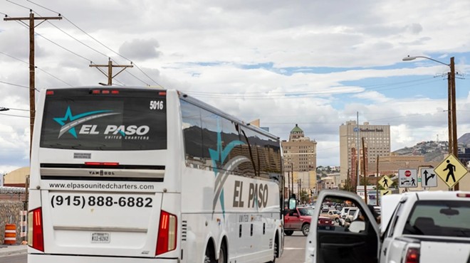 A bus with dozens of migrants leaves an El Paso shelter and heads to New York City on Aug. 31, 2022. The city and county of El Paso sponsored the voluntary bus trips to relieve pressure on local shelters that summer.