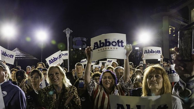 Supporters cheer as Gov. Greg Abbott speaks at his election night watch party in Corpus Christi on March 1, 2022.