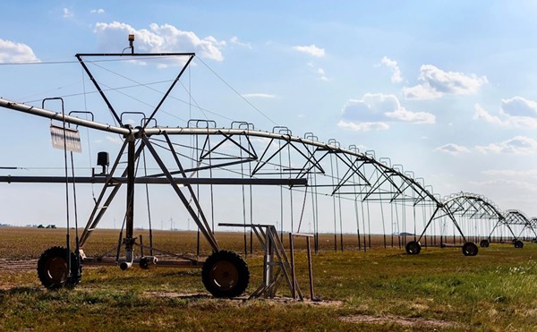 A farm irrigation system near Ralls, about 30 miles east of Lubbock, on June 22, 2022. Texas leads the nation in crop insurance payouts due to drought, and those costs are expected to increase because of climate change.