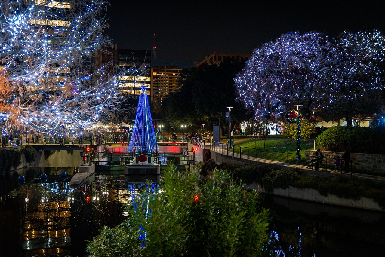 Museum Reach River of Lights
It isn't just the downtown portion of the River Walk that gets the holiday treatment. The San Antonio River Authority's 11th annual Museum Reach River of Lights extends the Christmas cheer further down the river, and even features a 30-foot-tall musical Christmas tree at the Museum Reach lock and dam. The lights will be on view through January 4.
Photo Courtesy of San Antonio River Authority
