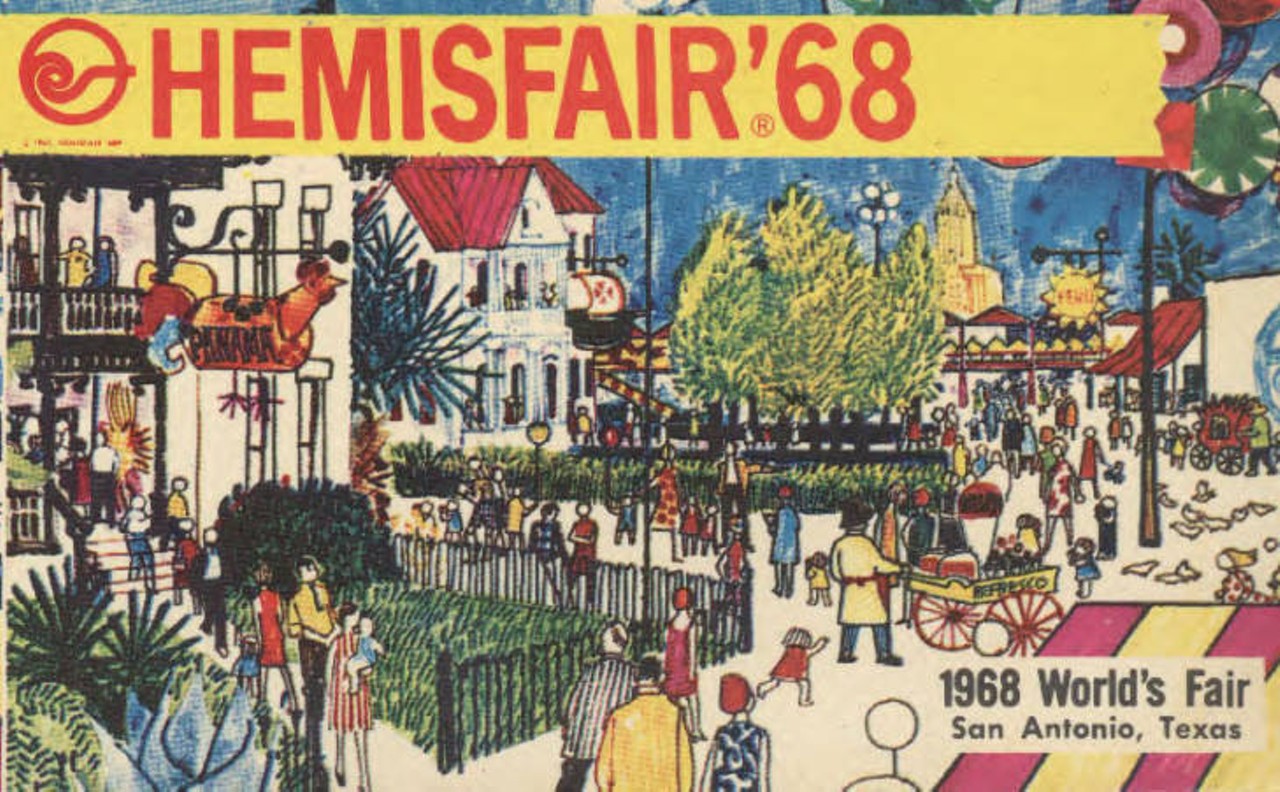 HemisFair, 1968
Postcard from HemisFair '68 of the fair scene. Historic 19th century mansions were restored for use by exhibitors as shops and restaurants.