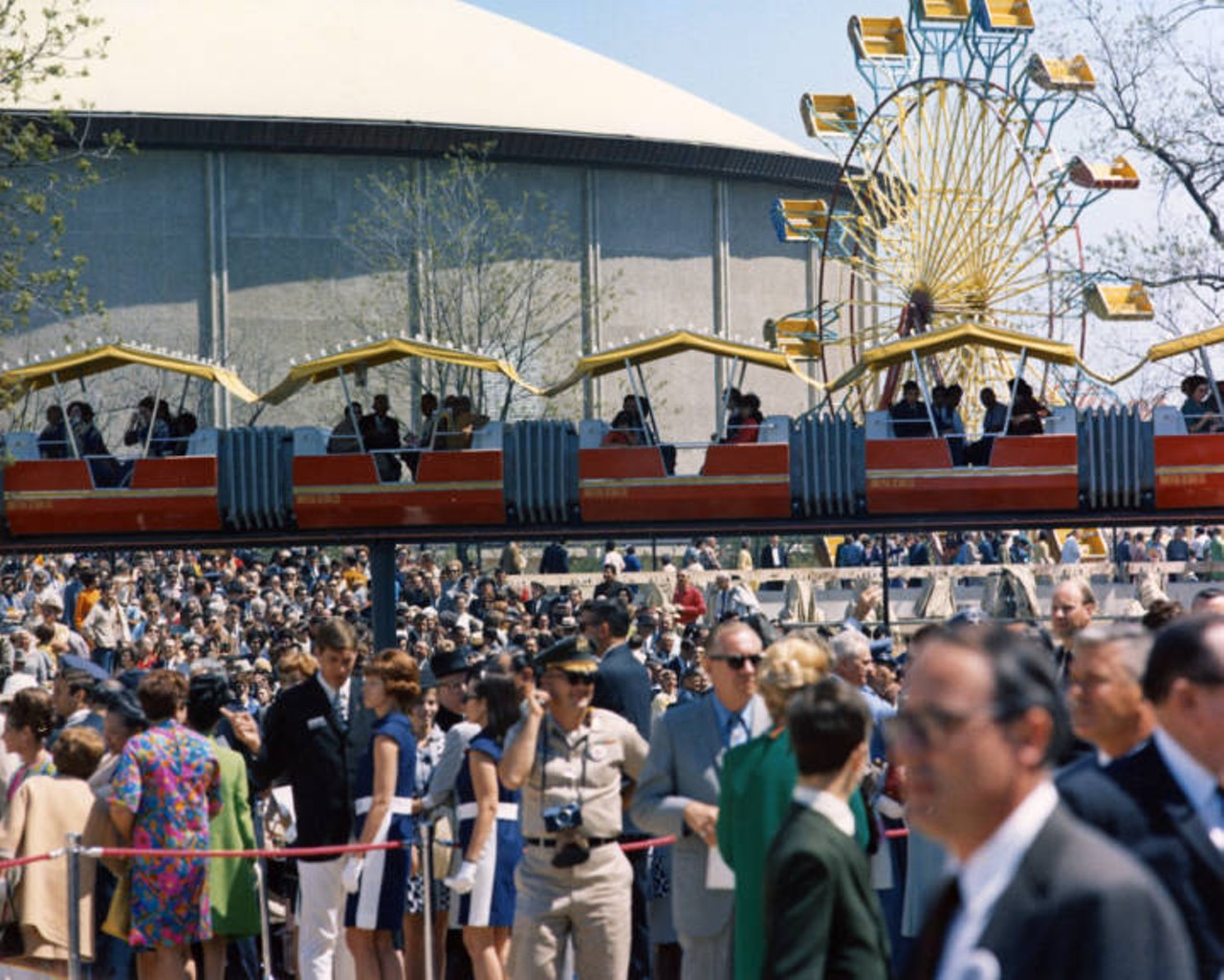 HemisFair '68 crowd shot, with monorail, Ferris Wheel, and arena in background