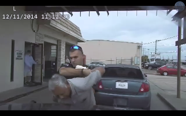 This screen grab shows dash cam footage obtained by the Victoria Advocate that shows former police officer Nathanial Robinson detaining an elderly man moments before Robinson uses a taser on the man. - VICTORIA ADVOCATE