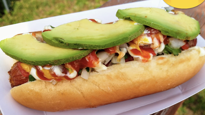 Doolittle's Machete Dog features a bacon-wrapped dog, loaded with pico de gallo, mayo, mustard and ketchup; topped with sliced avocado.