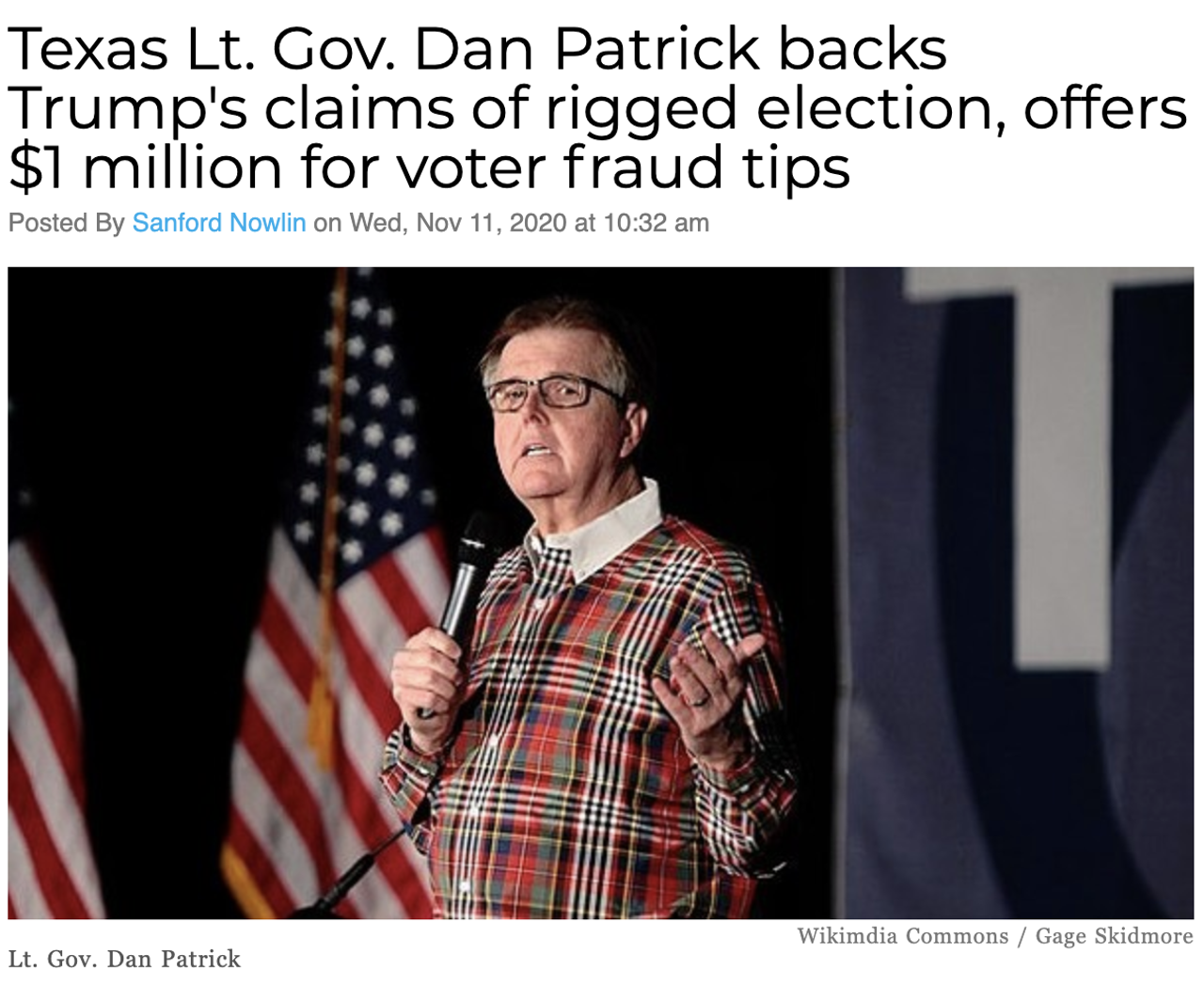In a news release, the Republican Lt. Gov. Dan Patrick said he's prepared to offer up to $1 million to "incentivize, encourage and reward" people people who blow the whistle on voter fraud in the Lone Star State. Read more here.