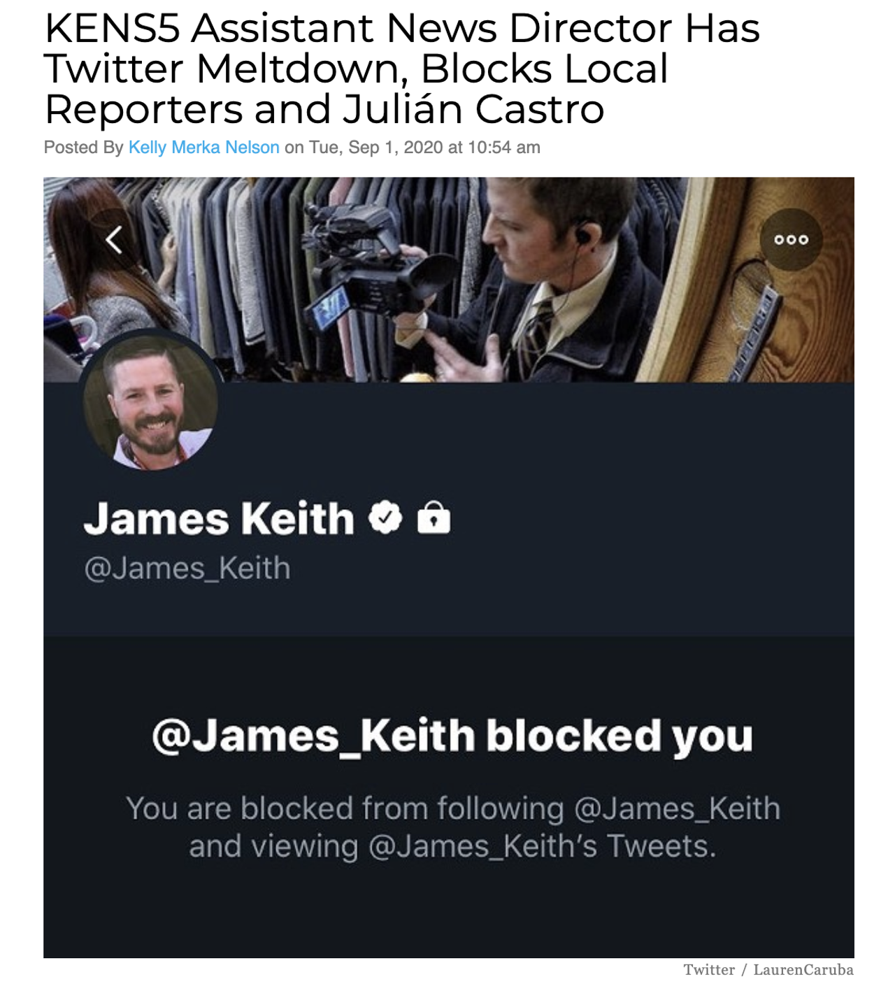 KENS5 Assistant News Director James Keith went on a Twitter blocking spree this weekend after criticism from local reporters and former San Antonio mayor Julián Castro over how the station handled issues of race in a recent story. Read more here.