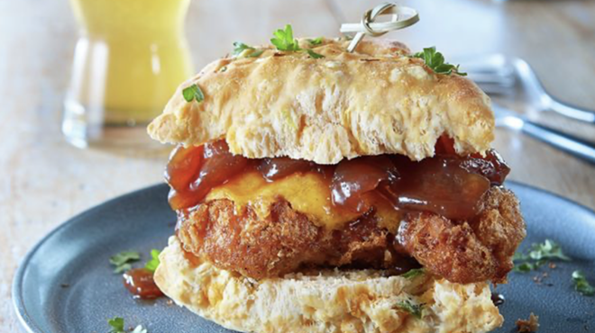 Southerleigh's wining recipe features jalapeño cheddar scones, a battered pork chop, cheddar sauce and apple caramel.