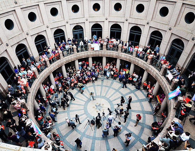 Texans protest the "bathroom bill" last year outside a Senate committee hearing. - WIKIMEDIA COMMONS