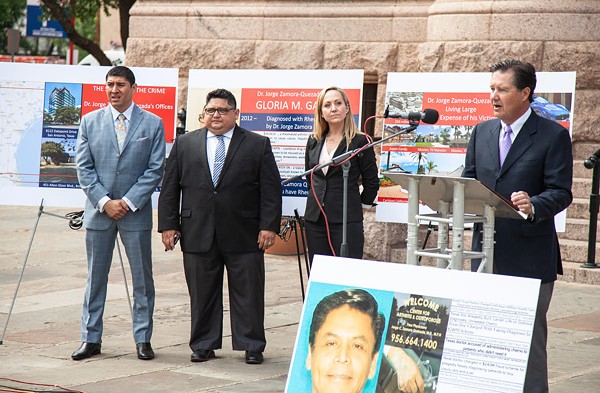 Watts Guerra LLP attorneys hold a press conference announcing lawsuits against South Texas' Dr. Jorge Zamora-Quezada. - COURTESY PHOTO