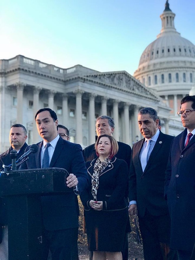 Joaquin Castro, shown here at a Washington press conference, has fired off a letter to the secretary of Health and Human Services about the Tornillo tent city. - Via Joaquin Castro's Facebook page
