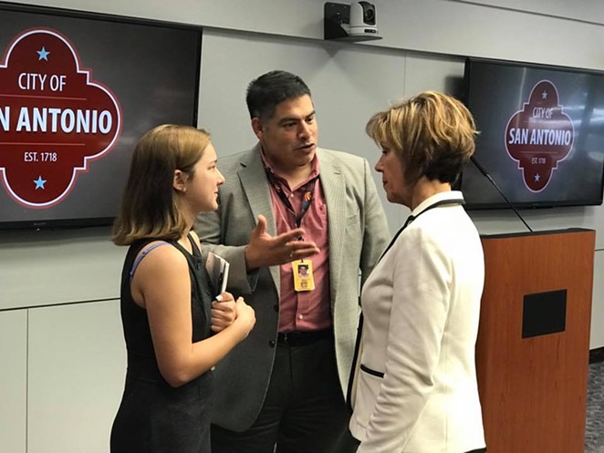 Councilman Manny Pelaez (center) speaks with City Manager Sheryl Sculley (right). - VIA MANNY PELAEZ'S FACEBOOK PAGE