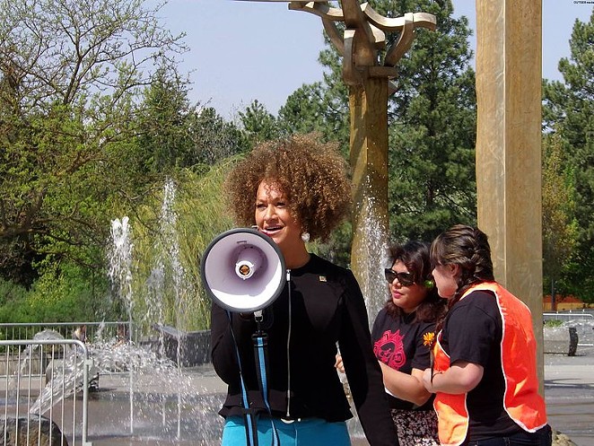 Rachel Dolezal speaks at a rally in downtown Spokane, Washington, in this 2015 photo. - AARON ROBERT KATHMAN (WIKIMEDIA COMMONS)