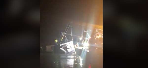 Recovery crews worked for more than an hour to pull the truck out of the water. - FACEBOOK / JUNCTION EAGLE