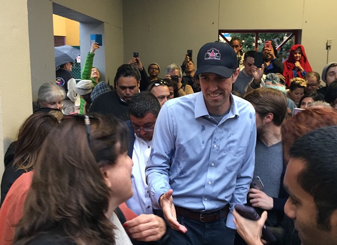 Beto O'Rourke presses the flesh during a 2018 campaign stop in San Antonio. - SANFORD NOWLIN