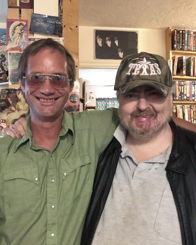 Visual artist Jeff Wheeler (left) on a visit with Johnston at his home in the town of Waller. - MICHAEL SIEBEN