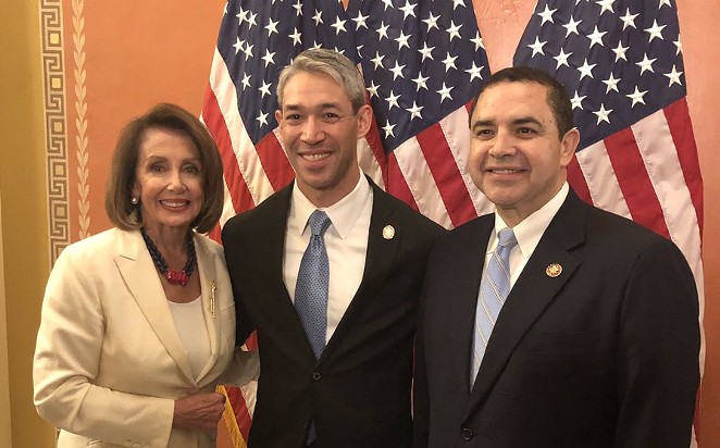 U.S. Rep. Henry Cuellar (right) poses with House Speaker Nancy Pelosi (left) and San Antonio Mayor Ron Nirenberg (center). Nirenberg was Cuellar's guest for the State of the Union address. Cuellar struck a cautionary about supporting impeachment. - TWITTER / REPCUELLAR