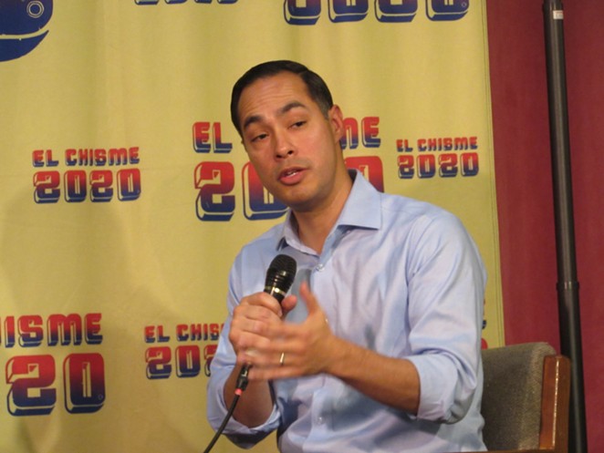 Julian Castro answer a question during a recent San Antonio appearance. - SANFORD NOWLIN