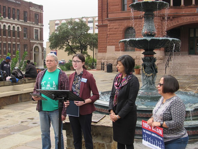 Members of Texas environmental organizations and Councilmember Ana Sandoval (second from right) discuss a new report on San Antonio's air quality in front of the Bexar County Courthouse. - SANFORD NOWLIN
