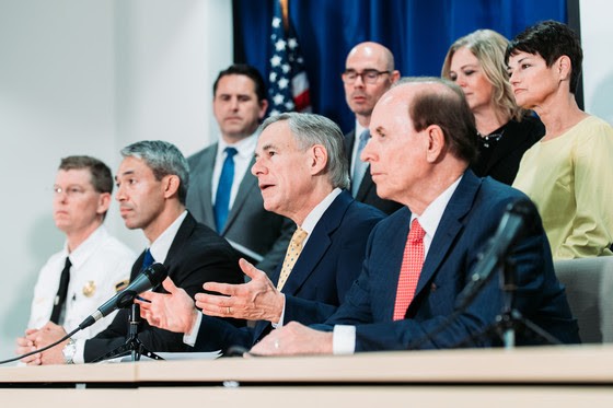 Texas Gov. Greg Abbott appears Monday at a press conference with San Antonio Mayor Ron Nirenberg and Bexar County Judge Nelson Wolff to discuss COVID-19 testing. - OFFICE OF THE GOVERNOR