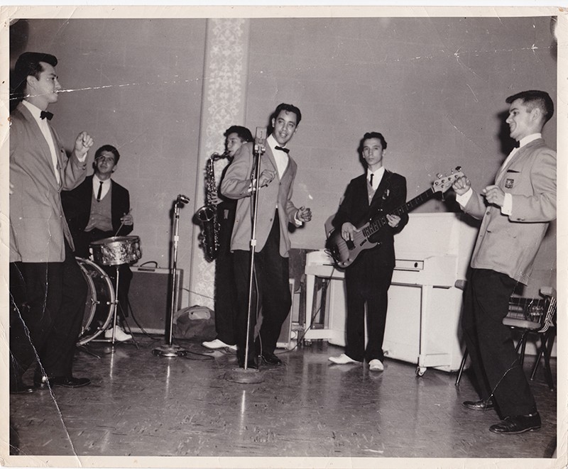 From the '50s to the '70s, The Royal Jesters were one of San Antonio's most requested soul outfits. Here's the group rehearsing at Municipal Auditorium (left to right: Oscar Lawson, Louie Escalante, Henry Hernandez, Dimas Garza). - Courtesy