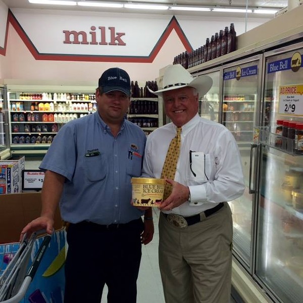 This is Texas Ag Commissioner Sid Miller posing with a non-Listeriosis plagued Blue Bell product. In one of his first acts, Miller deep fried Texas' junk food ban in schools. - Texas Ag Commissioner Sid Miller