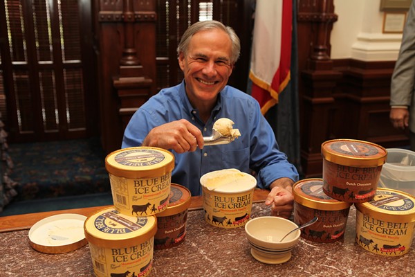 Governor Abbott is glad to have Blue Bell back in his mouth. - COURTESY