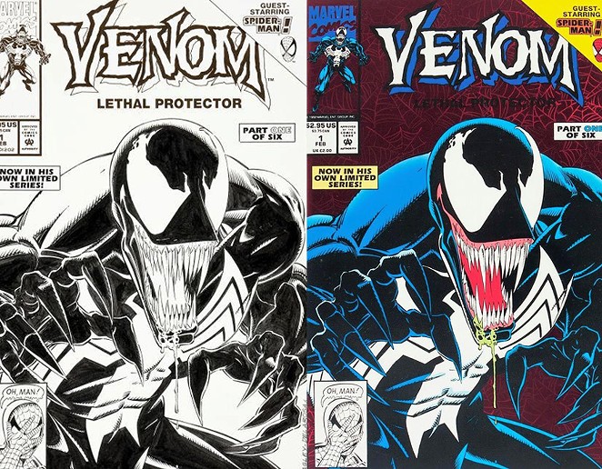 Original artwork and the final product of Venom Lethal Protector (1993) #1, penciled by Mark Bagley and inked by Sam DeLaRosa. - SAN DE LA ROSA