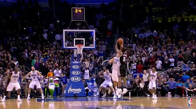 Kawhi Leonard lifts a shot over Aaron Gordon. - YouTube Screenshot/NBA