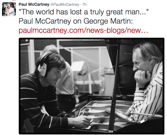 Paul McCartney's tweet regarding Martin's death. - TWITTER