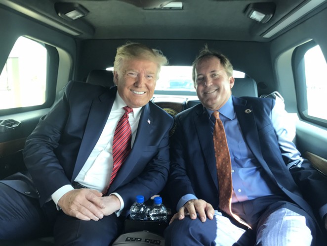 Ken Paxton, shown here with Donald Trump, has masterfully used distraction techniques similar to those of the president. - Twitter / @KenPaxtonTX