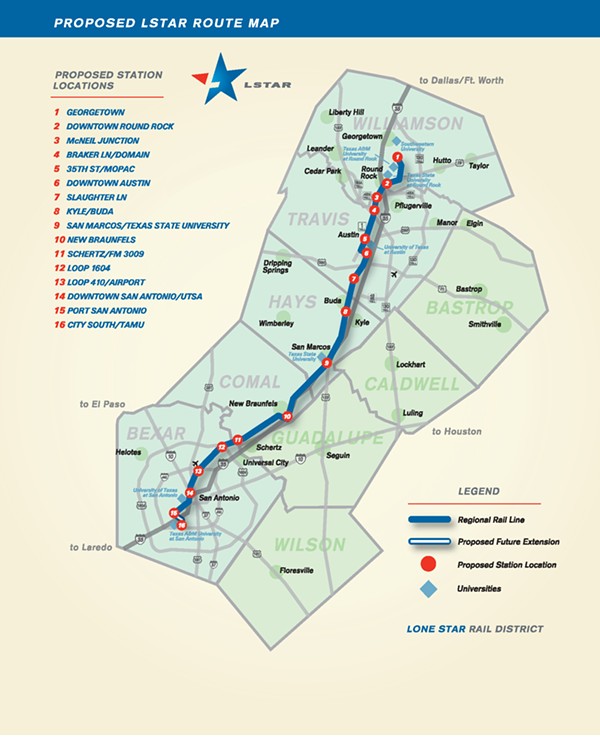 This map showed how a proposal with Union Pacific to build a passenger rail line between Austin and San Antonio would've worked. After UP said it wouldn't participate, many thought the project was dead. - COURTESY