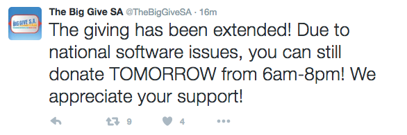 The Big Give S.A. to Continue on Wednesday