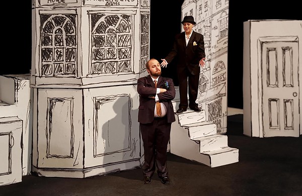 Ben Scharff (as Stanley Stubbers) and Erin Polewski (as  Rachel/Roscoe Crabbe) in the Vex's production of One Man, Two Guvnors - PHOTO BY DAVID NOBLES