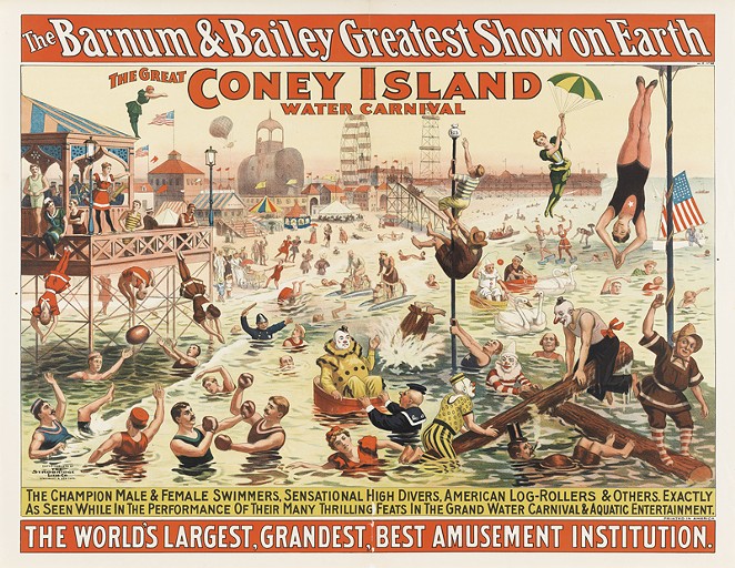 STROBRIDGE LITHOGRAPHING COMPANY, THE BARNUM & BAILEY GREATEST SHOW ON EARTH / THE GREAT CONEY ISLAND WATER CARNIVAL / REMARKABLE HEAD-FOREMOST DIVES FROM ENORMOUS HEIGHTS INTO SHALLOW DEPTHS OF WATER, C. 1898
