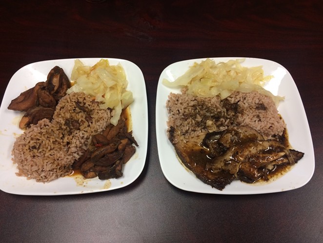 L-R: Jerk chicken with steamed cabbage, rice and peas, and roasted pork.