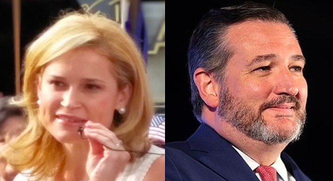 "Do you think I'd really want to see that chinless, dumpy moron on the beach with his shirt off?" Heidi Cruz asked during a press event announcing her new travel agency. - WIKIMEDIA COMMONS / MAVERICKLITTLE (LEFT) AND GAGE SKIDMORE (RIGHT)