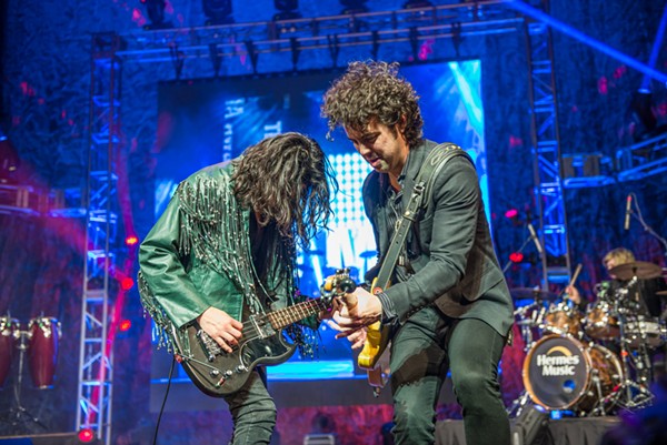 The Last Bandoleros' Diego Navaira (left) and Jerry Fuentes during the Emilio tribute at the Tejano Music Awards Saturday at the Tobin. - JAIME MONZON