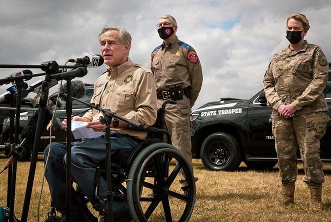 Gov. Greg Abbott talks about border security at a news conference at Anzalduas Park in Mission on March 9, 2021. Abbott, who earlier this month reversed his own requirements for social distancing in public places and mask-wearing, followed that announcement with news conferences on the border and in Dallas. - JASON GARZA / THE TEXAS TRIBUNE