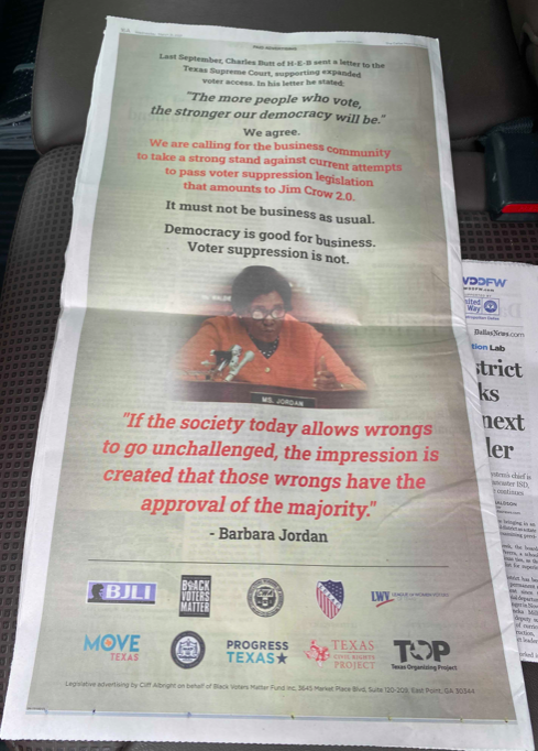 The ad taken out by Texas progressive groups includes a photo of Barbara Jordan, - Twitter / @ProgressTX