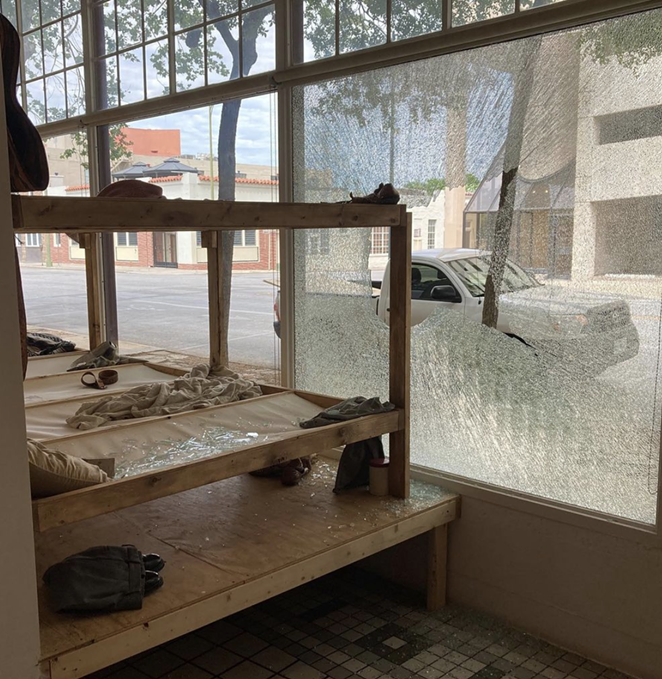 A photo taken from inside Artpace shows the building's shattered window. - INSTAGRAM / JOSEVILLALOBOSART