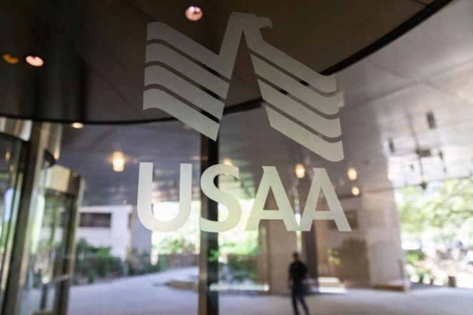 USAA's logo is emblazoned on a window of its sprawling corporate campus. - Twitter / USAA