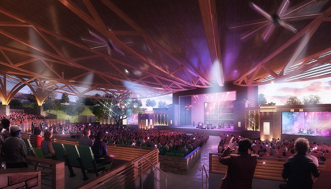 An artist's rendering of a concert being staged at the renovated Sunken Garden Theater, which will include a timber-frame roof. - COURTESY IMAGE / OJT ARCHITECTS