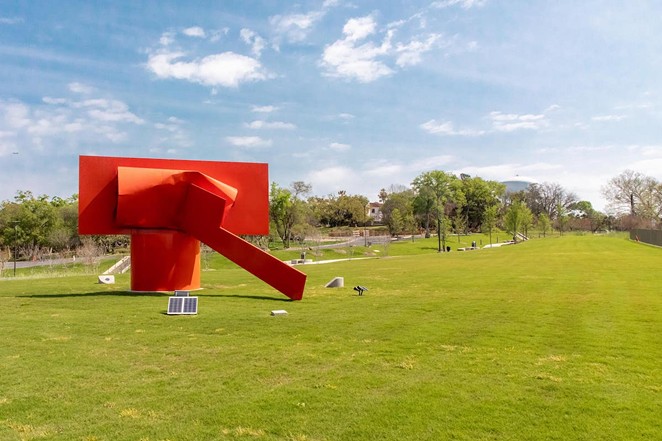 Alexander Liberman's monumental sculpture Ascent visually anchors Mays Family Park — a two-acre green space added to the McNay campus as part of a recent landscape transformation. - COURTESY PHOTO / MCNAY ART MUSEUM
