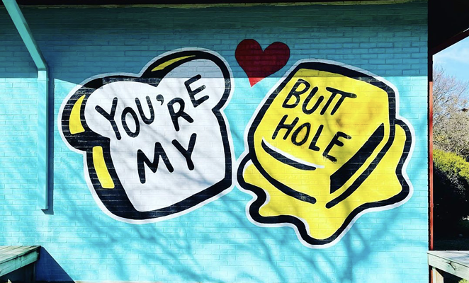 East Austin’s "You're My Butter Half" mural was defaced earlier this week. - Instagram / dustywusty