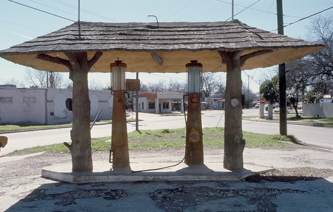 A Monterrey native who immigrated to San Antonio in 1919, sculptor Bacilio Aguilar completed many trabajo rústico commissions, including this unique gas pump shelter. - Kent Rush