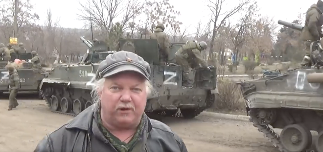 Texas man Russell Bonner Bentley vlogs alongside invading Russian forces, whom he claims are "fighting Nazi's" in Ukraine. - TWITTER/BORZOU DARAGHI