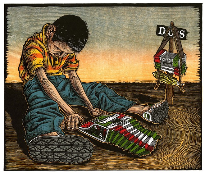 Juan de Dios Mora’s print Partido en Dos (Torn in Half) offers a poignant highlight. - COURTESY IMAGE / RUIZ-HEALY ART