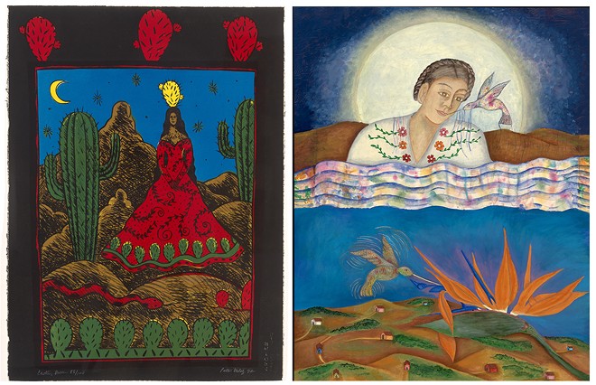 Magic realism comes into focus in Patssi Valdez's 1992 print Cactus Queen (left) and Irma Guerrero's 2004 painting Viento y Agua (Wind and Water). - COURTESY IMAGES / RUIZ-HEALY ART