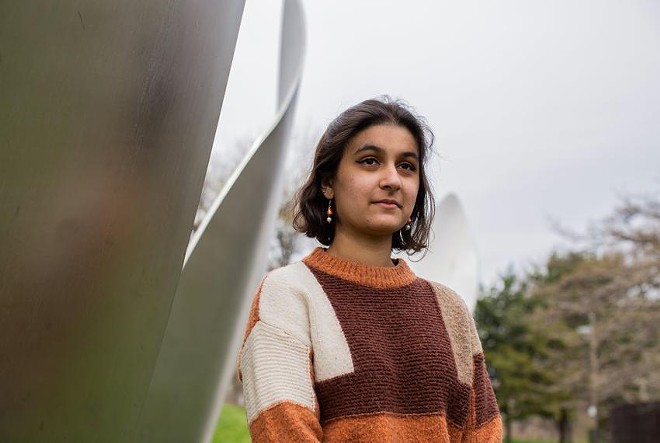 Sahar Punjwani, a University of Chicago student from Houston, poses for a portrait on Friday in Chicago's Jackson Park. She is one of two young women taking on the Texas comptroller after the Legislature declined to remove the sales tax on menstrual products. - Texas Tribune / Anjali Pinto